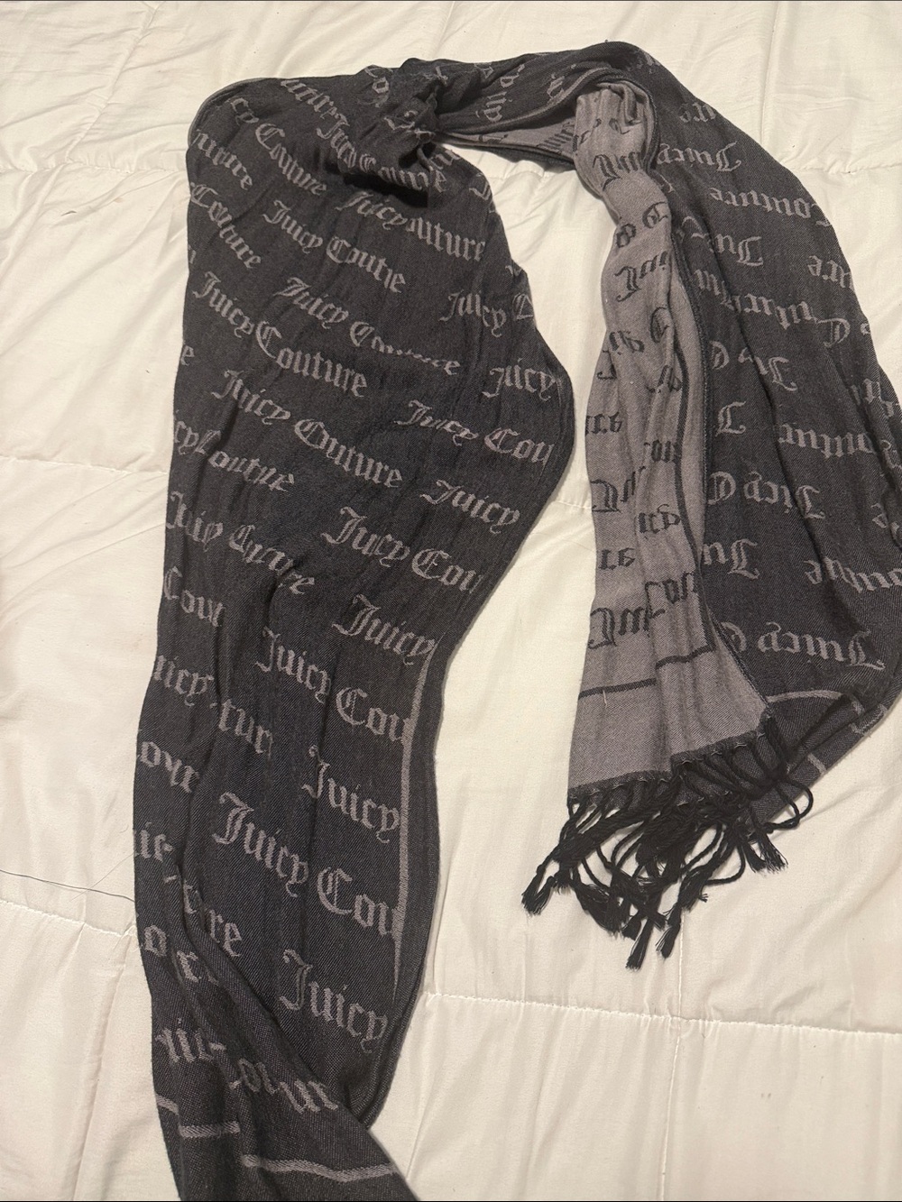 Juicy Couture Black & Gray Logo Knit Scarf with Fringe